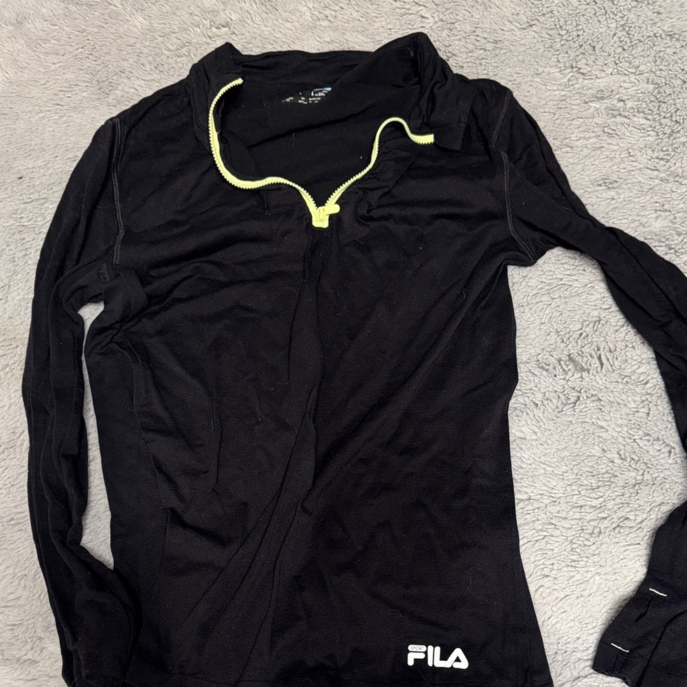 FILA Black Long-Sleeve Pullover with Neon Yellow Zip Trim